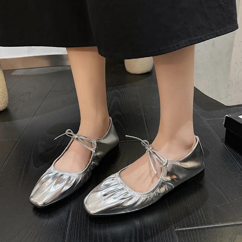 Модная женская обувь, новинка 2024 года, корейский стиль, квадратный носок, неглубокие туфли на плоской подошве для женщин, модные туфли Мэри Джейн на шнуровке, Zapatos De Mujer