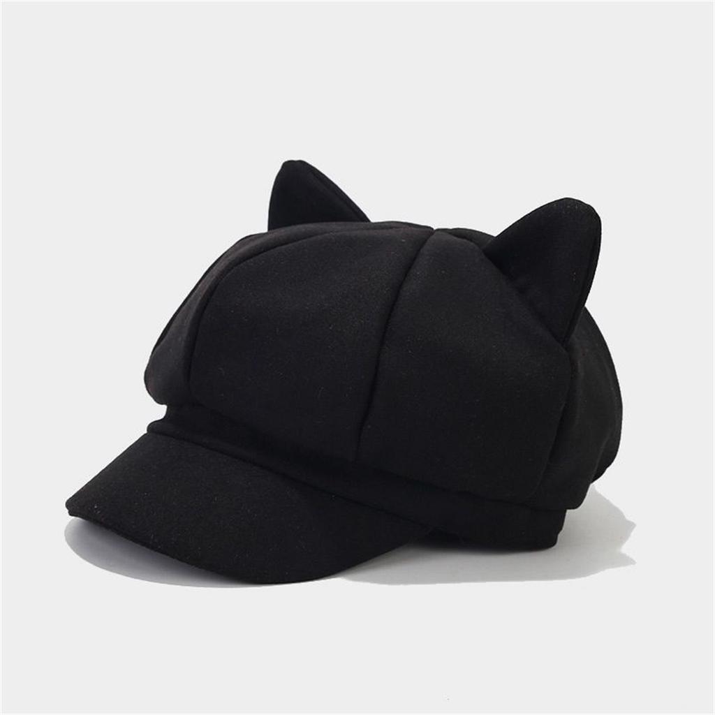 Women's Solid Color Cute Cat Ear Octagonal Hat Retro Woolen Cap