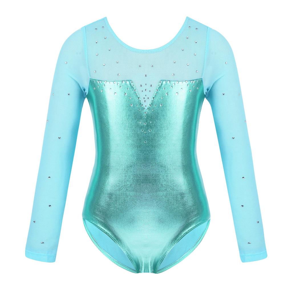 Детский цельный фатиновый комбинезон для девочек с длинными рукавами и блестящими стразами металлик для балета, танцев, гимнастики, трико, комбинезон