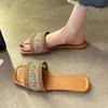 Ethnic Style Square Head Woven Cool Slippers for Women's Summer Wear 2024 New Large Size Women's Shoes Sweat-absorbing Flat Bottom One-word Drag