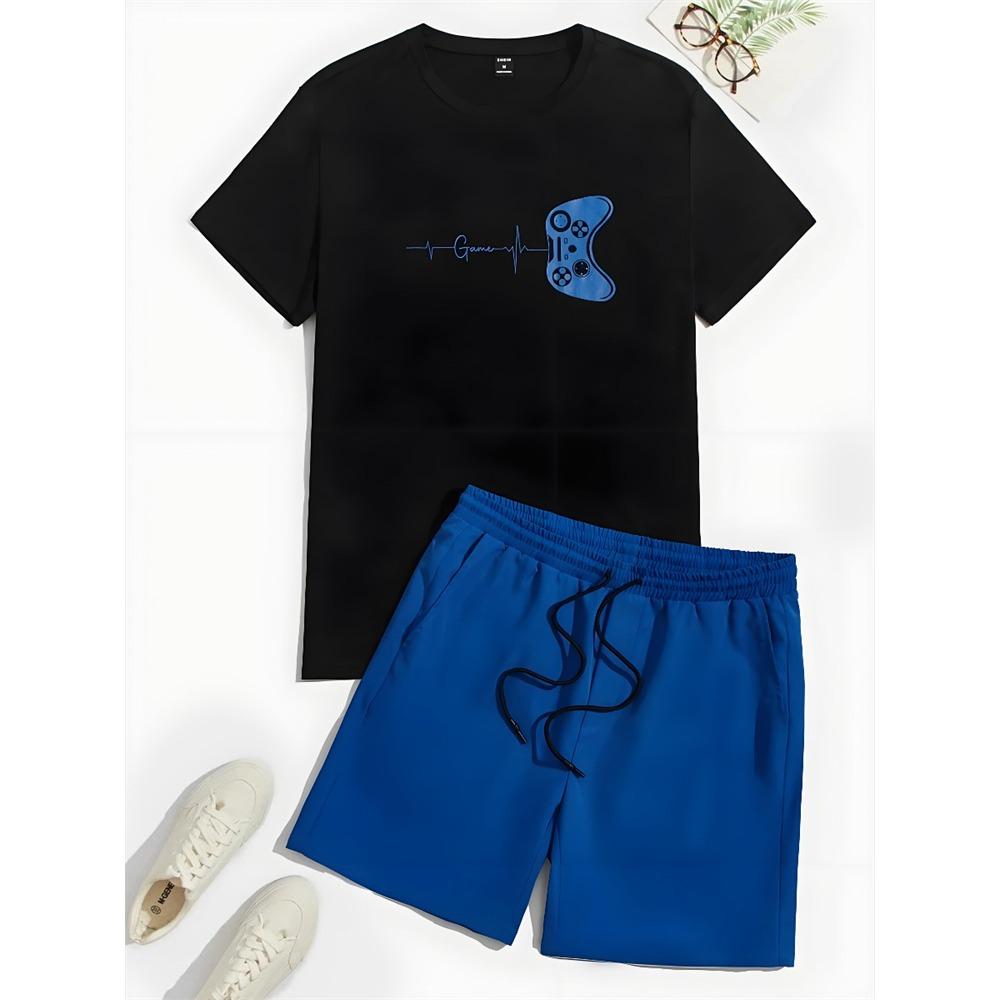Summer Everyday Casual Men's Short Sleeve Shorts Set Colorful Bear Print Men's T-shirt And Colorful Graffiti Print Shorts Set