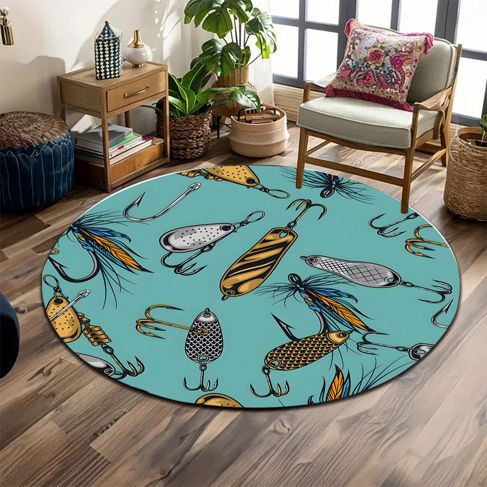 Fishing Lures and Hooks Pattern Print round rug, living room, bedroom, playroom carpet, non slip floor mat, gift
