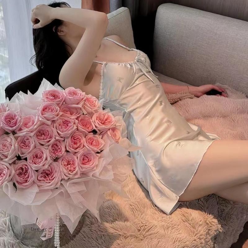 Ladies Sexy Sling Nightgown Nightdress Women's Sexy Lingerie Silk Satin Sleepwear Floral Pinting Nightwear Homewear Mini Dress