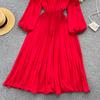 Autumn Women Vintage Pleated Midi Dress Elegant V-Neck Puff Long Sleeve High Waist A-Line Red Green Dresses