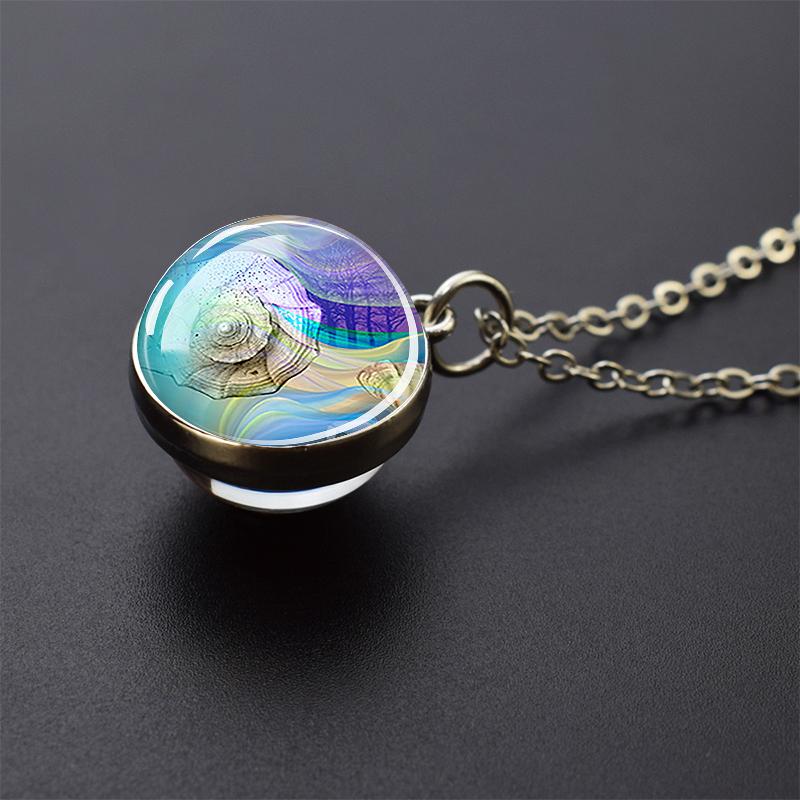 Ювелирные ожерелья с синим морем и морской жизнью, черепаха, дельфин, ракушки, двухсторонний хрустальный стеклянный шар, кулон, ожерелье для женщин и мужчин, подарок