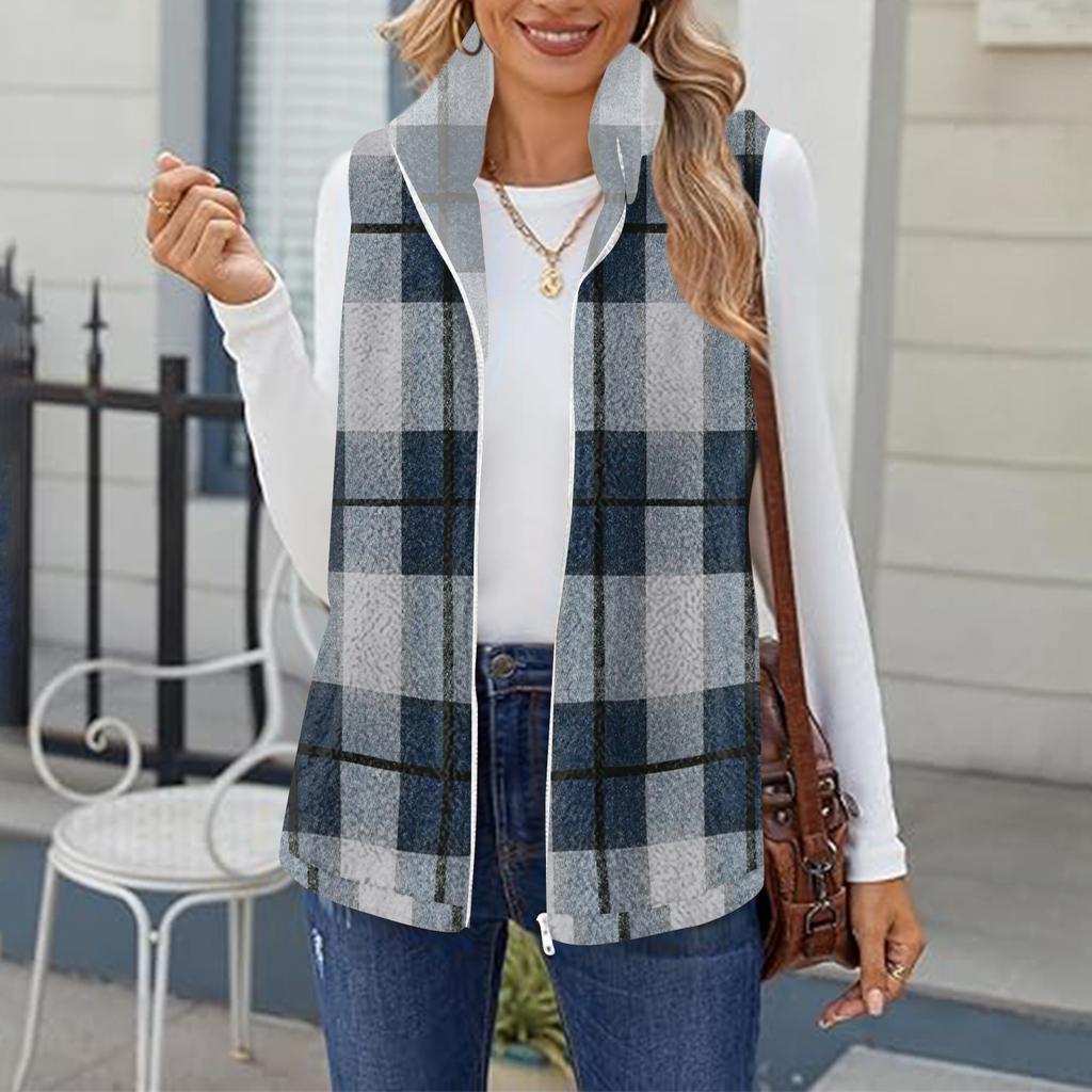 Women's Checked Print Fashionable And Warm Fleece Cardigan Vest Jacket
