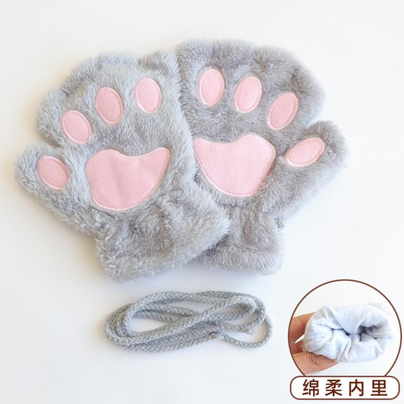 Autumn and Winter Cute Cat Claws Half Finger Plush Gloves Student Writing Plush Leak Finger Warm Half Finger Bear Paw Gloves