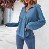 Women's Fall/Winter Polo Neck Button-Up Solid Color Long-Sleeve T-Shirt