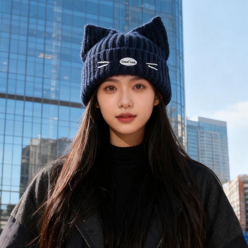 Cute cat ears wool hat women's autumn and winter thickened warm knitted hat new face small ear protection hat
