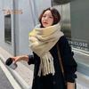 Women Scarf Plaid Print Thickened Warm Long Shawl with Tassel Trim Versatile Winter Blanket Wrap Daily Wear