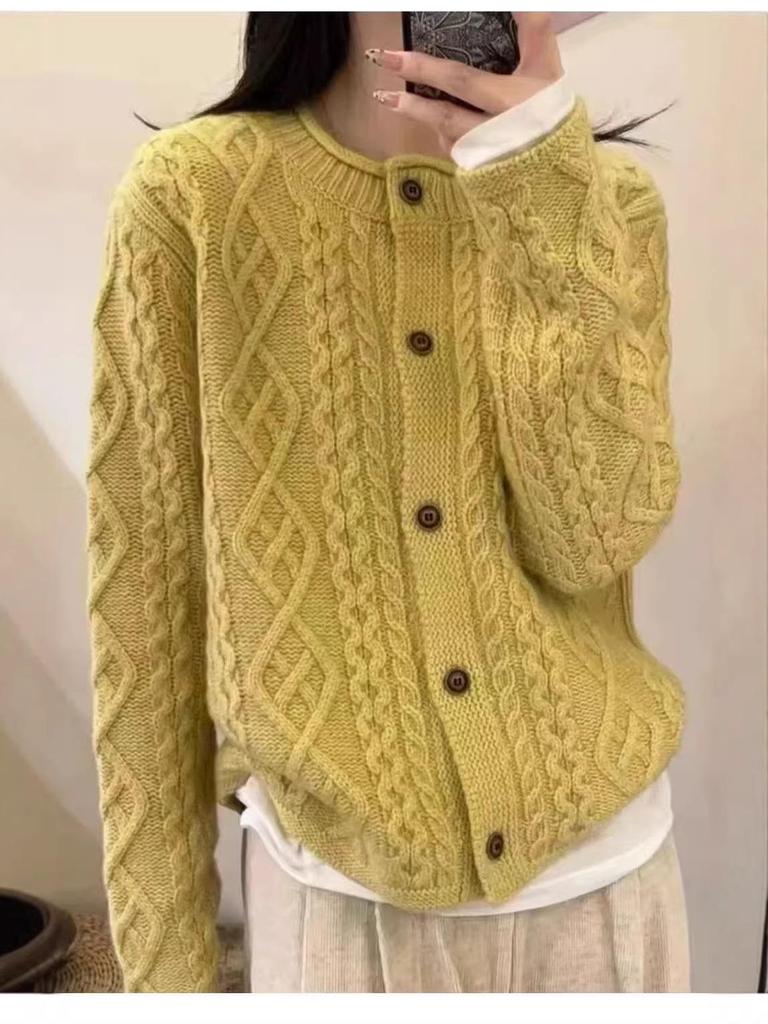 European-Style Heavy Cable-Knit Wool Cardigan for Women - Thick Coarse Wool Sweater Coat for Autumn and Winter 2026