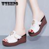 Casual Leather Shoes Woman Medium Heels Slippers Summer Thick Sole Platform Wedges Slides Outside Beach
