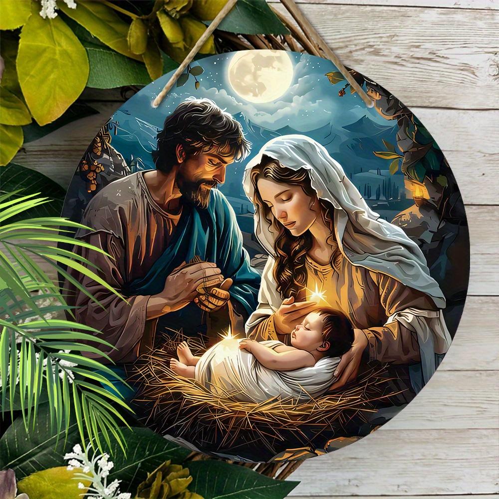 5pcs Religious Figure Born Nativity Scene Wooden Sign - Round Wall Hanging Decor for Place of Worship Door, Perfect Nazarene Gift