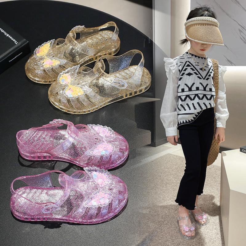 Детские сандалии Crystal Jelly Shoes Flash Butterfly 2024 года, новые летние туфли для малышей, римские туфли, модные сандалии для девочек в саду