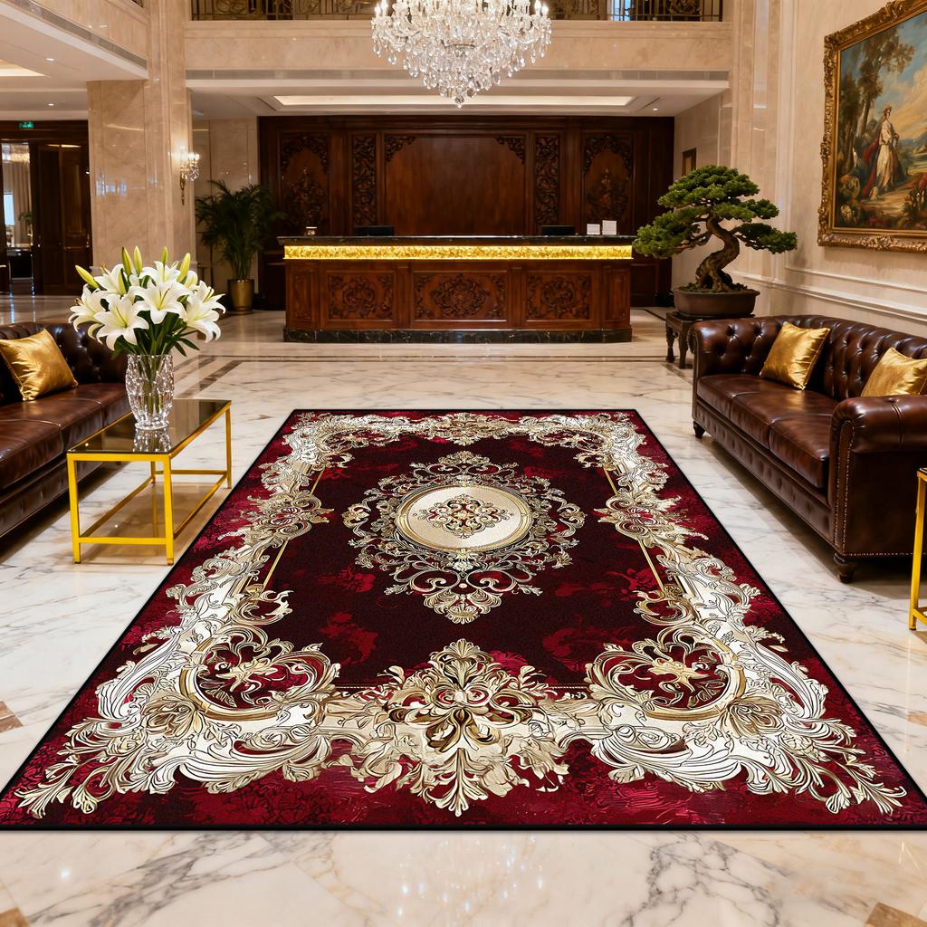European Luxury Red Gold Easy Clean Carpet for Living Room Decoration Bedroom Bedside Fluffy Rug Large Area Non-slip Floor Mats