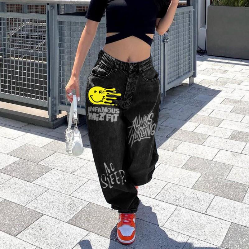 Womens Smiley Letter Print Loose Wide Leg Jeans Casual Fall Winter Denim Pants