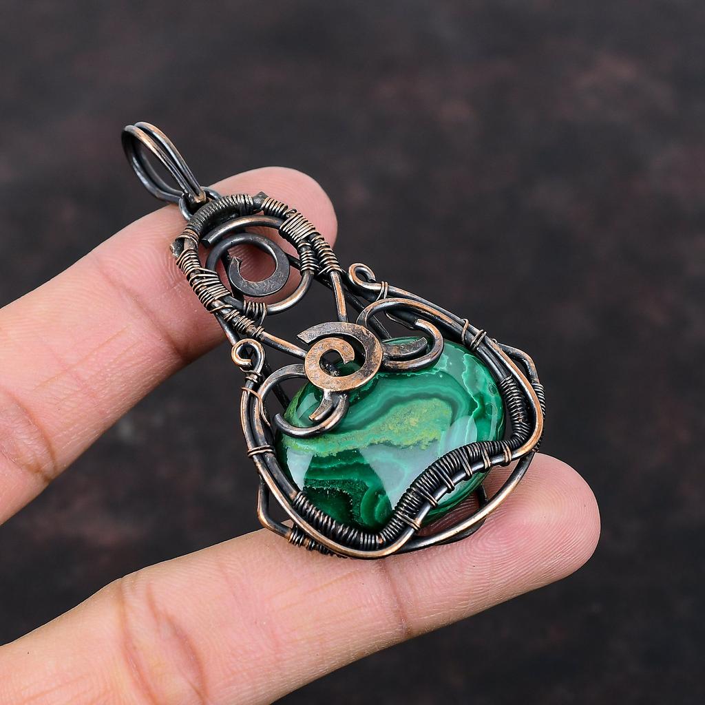 Малахитовый кулон, обернутый медной проволокой, дизайнерский кулон, ювелирные изделия из драгоценных камней высшего качества, кулон ручной работы, стильные медные украшения для подарка