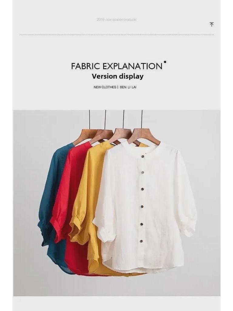 2025 Весна/Лето Женский Ретро-Топ из хлопка и льна с рукавами-фонариками и свободным кроем средней длины