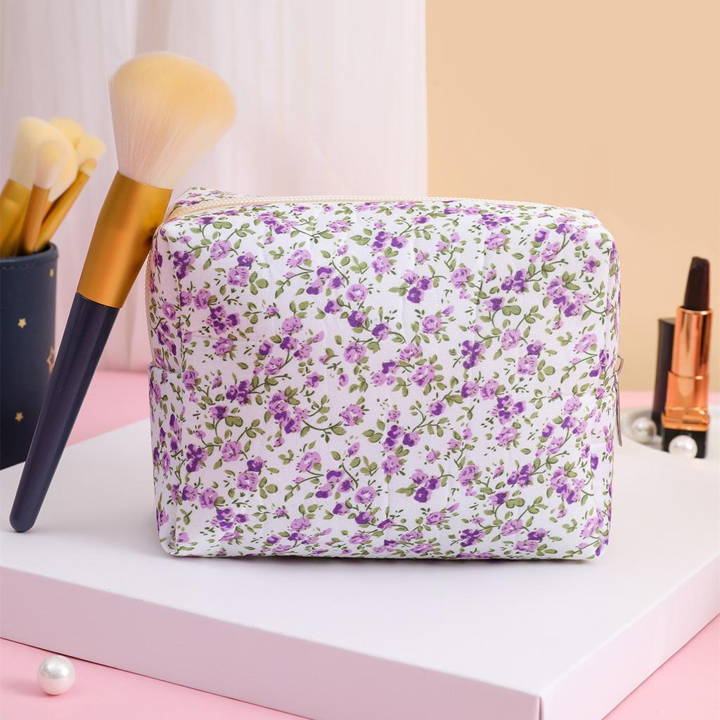 Women's Quilted Makeup Bag Floral Cosmetic Bag Beauty Travel Toiletry Bag Organizer Cotton Makeup Brushes Storage Case
