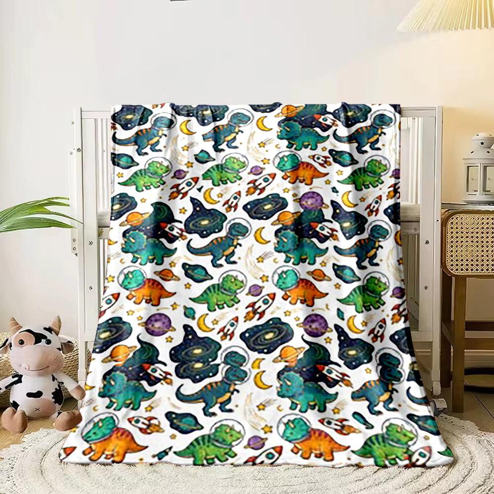 Cartoon Dinosaur and Space Pattern Blanket Flannel blanket for bedroom, living room, sofa, and nap sofas.