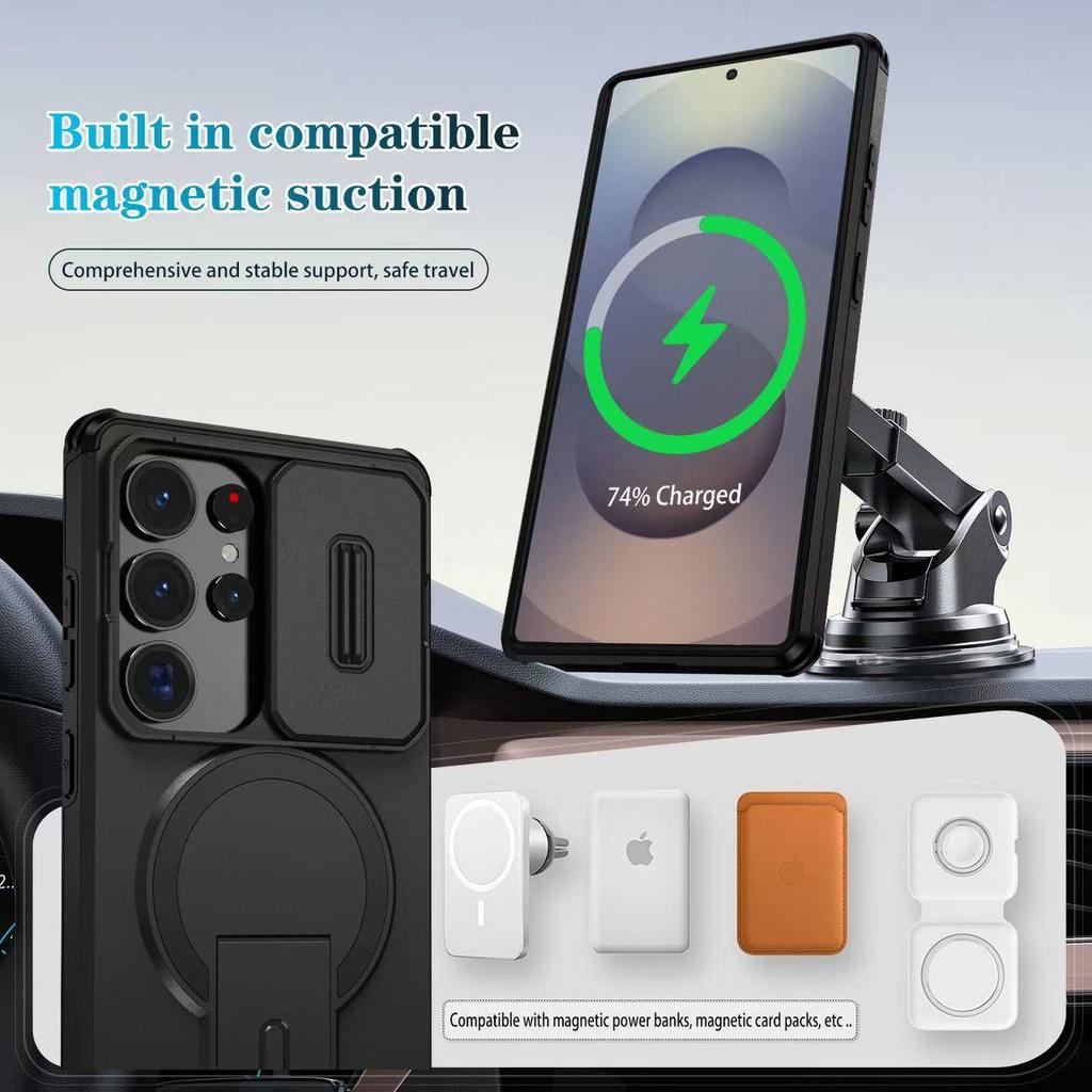Armor Shockproof Magnetic Case For Samsung Galaxy S25 S24 Ultra Plus FE A56 A36 A26 A17 A16 Lens protect stand For Magsafe Cover