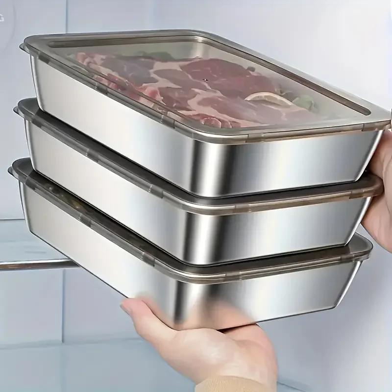Контейнер для хранения продуктов из нержавеющей стали Прямоугольная тарелка с крышкой Поднос для лапши и фруктов Ланч-бокс Толстая тарелка-органайзер для холодильника