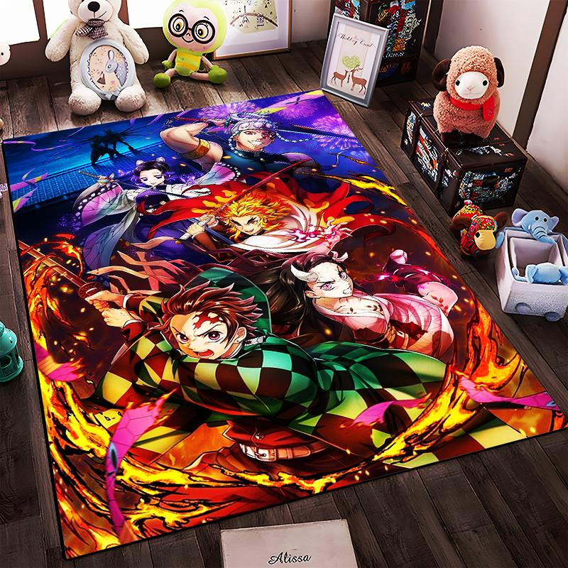 Colorful Anime Carpet Featuring Warriors and Flame Artwork Design Suitable for use as an anti-slip for living room bedroom sofas