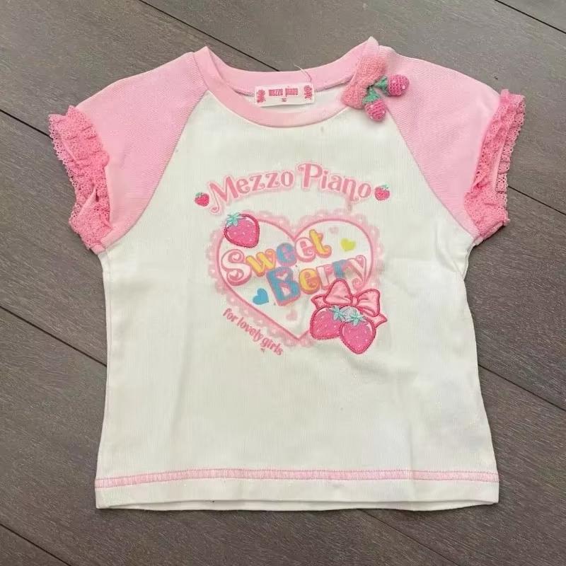 Японские Каваи Кроп-топы Мультяшный Принт Харадзюку Лолита Футболки с Коротким Рукавом Женские Y2k Эстетика Приталенная Футболка Винтаж Фейри Гранж