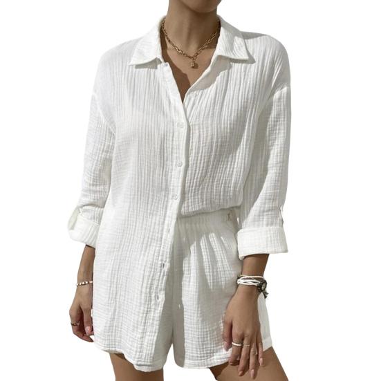 2 шт./компл., женская рубашка, комплект с шортами, однотонная однобортная блузка с длинными рукавами и воротником с лацканами, высокая талия, свободная выше