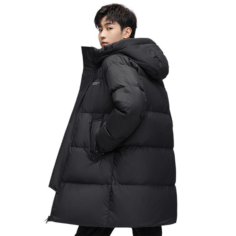 White Duck Down Jacket Men's Winter Medium and Long Loose Hooded Jacket Couple Fashion Versatile Top