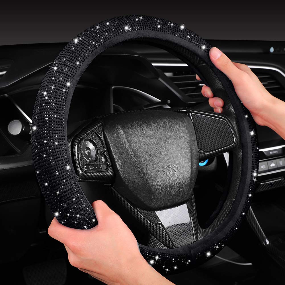 Steering Wheel Cover 15 Inch Shiny Diamond Leather Design - Stylish Black Velvet Lining for Car Interior Accessory Drivers