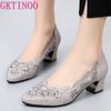Fashion GKTINOO 2025 Summer Fashion Hollow Out Genuine Leather Pumps Women Shoes Med Heels Square Heel Mesh Ladies Office Shoes Crystal