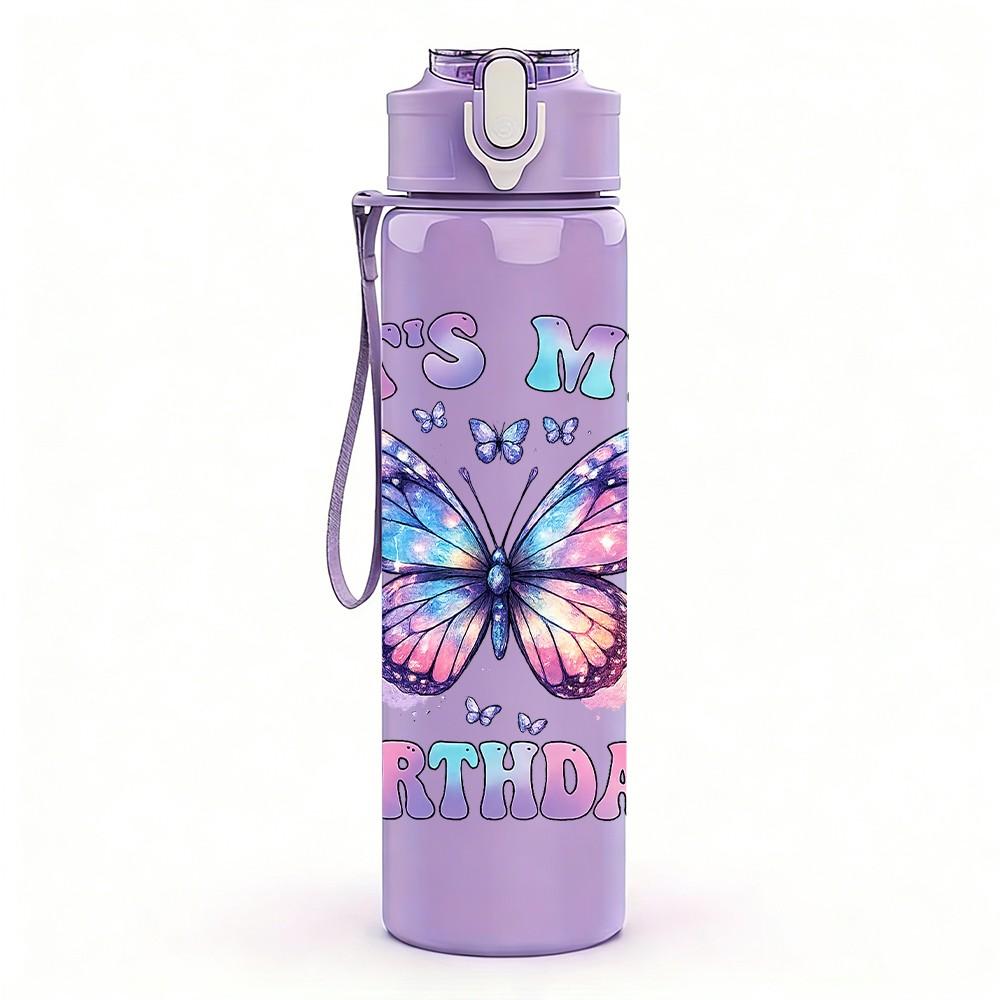 1PC Its My Birthday Butterfly Print 750ml Color Plastic Sports Water Bottle Leakproof Flip Straw Lid Suitable for Sports Office Home Use