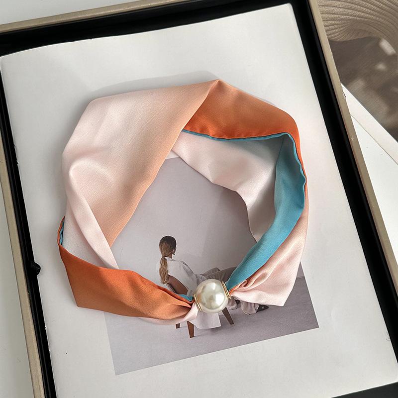 Silk Scarf Long Strip High-end Spring and Summer New Versatile Pearl Necklace Neck Chain Scarf Magnetic Buckle Silk Scarf