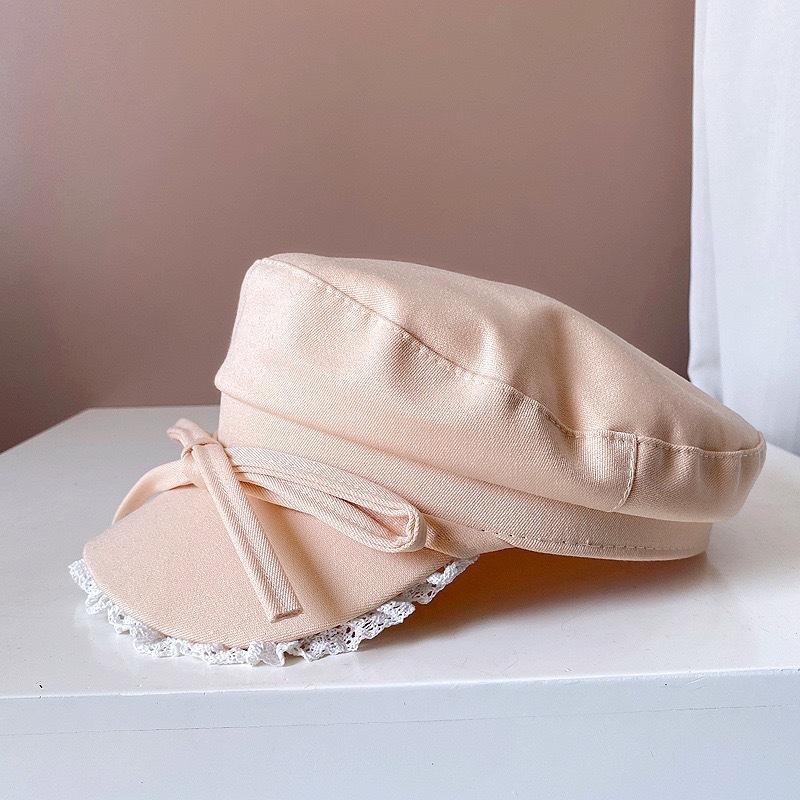 Ins Niche Bow Lace Strap Flat Top Berets Cap Spring and Summer Travel Sweet Universal Sun Protection Retro Newsboy Hats Women
