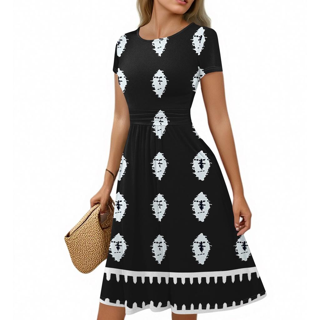 Женское повседневное модное платье миди А-силуэта с круглым вырезом, плиссированными короткими рукавами и богемным стилем