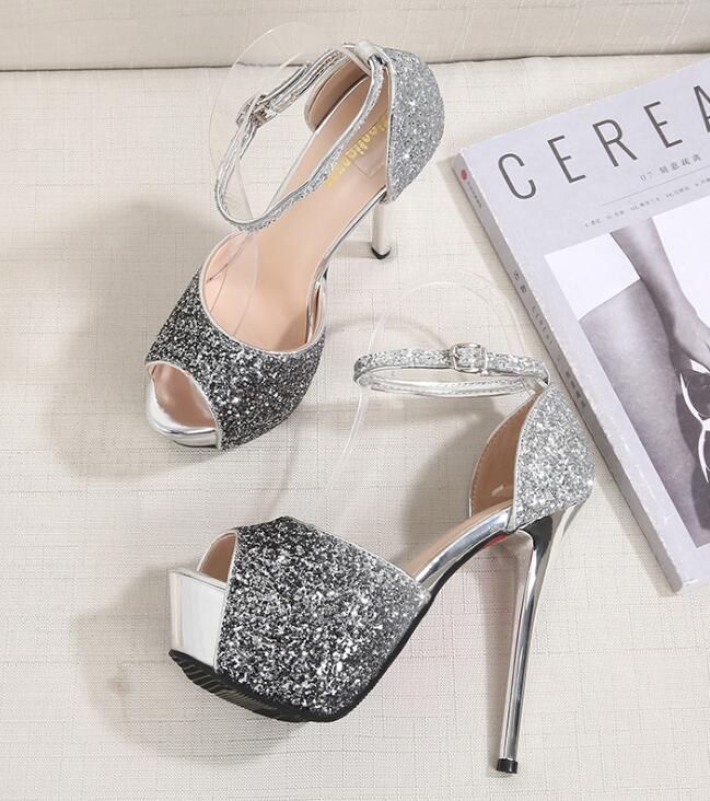 Fashion Bling Bling Thin High Heels Sandals Summer Women Party Shoes Glitter Sequins Peep Toe Cover Heel Sandales Sexy Creepers Platform