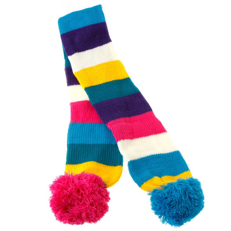 Colorful Strips Scarf with Two Rose & Blue Balls