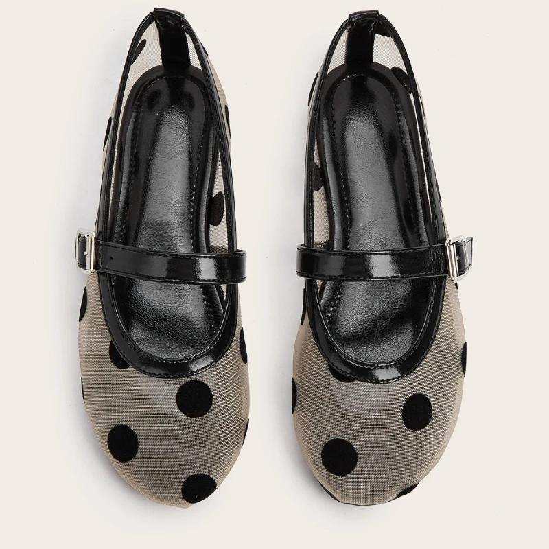 Fashion Breathable Mesh Black Polka Dot Ballet Flats Fashion Shallow Flat Sandals Women Comfortable Round Toe Plus Size Mary Jane Shoes