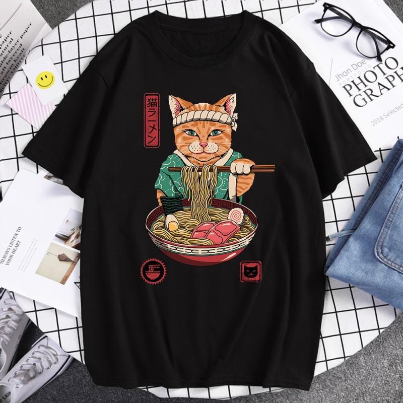 Japanese Harajuku Samurai Sword Cat T-Shirt Men Women Casual Tee Clothes Polyester Summer Tops Breathable Oversized T-Shirts Couple