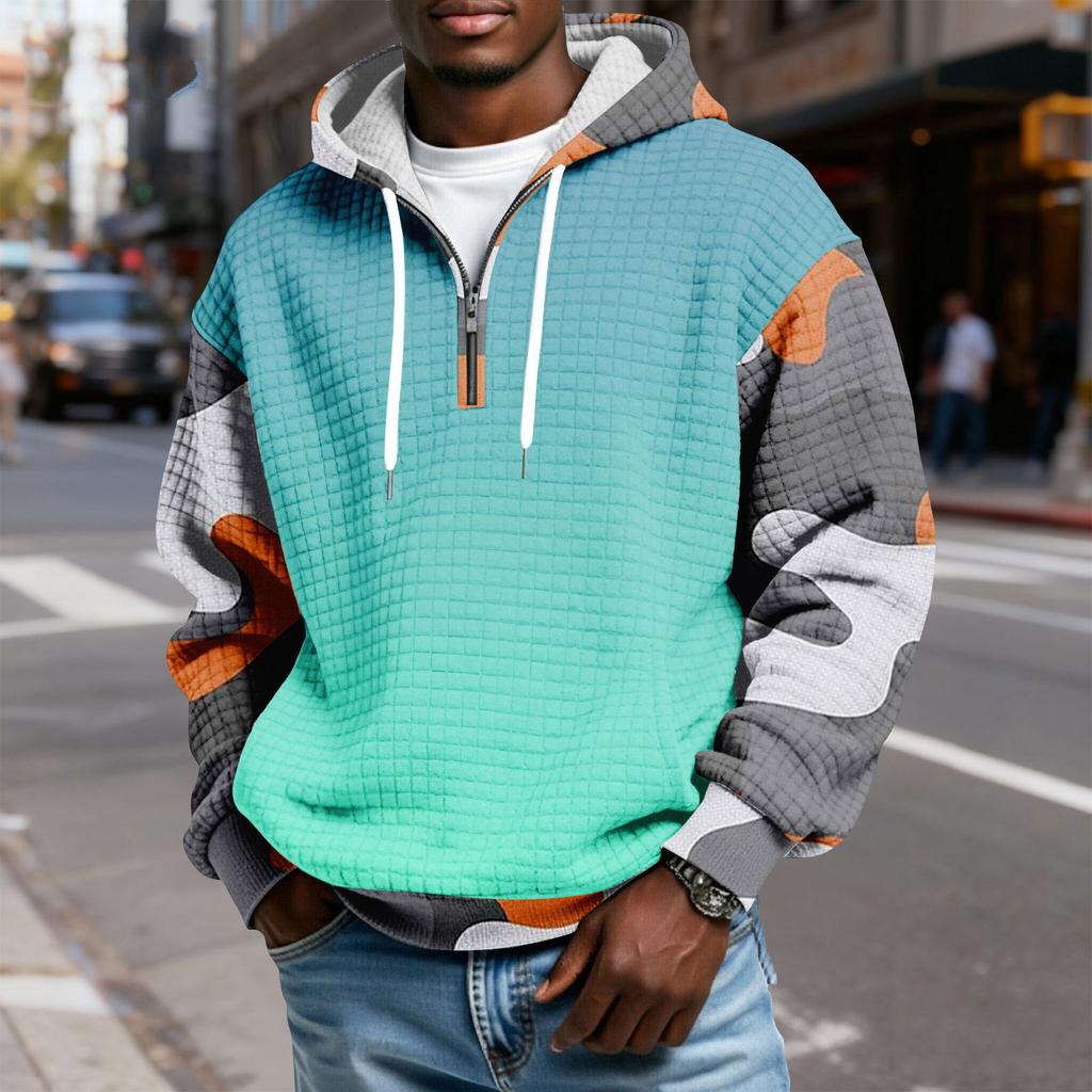 Мужской худи-пуловер в клетку с капюшоном на молнии до середины, со шнурком и принтом, повседневная спортивная толстовка