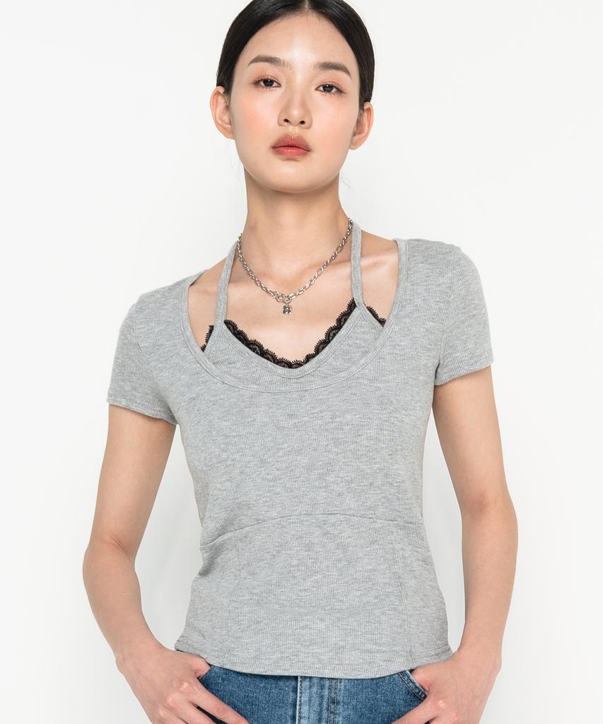 HIGH SCHOOL DISCO Lace Halter Neck Short Sleeve T-Shirt Gray