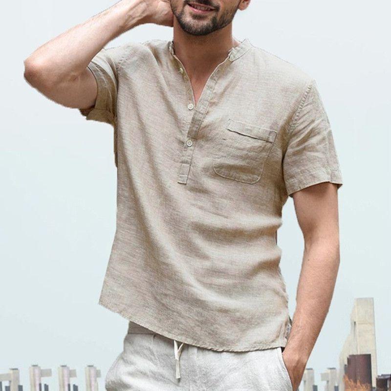 Летняя мужская футболка хенли топы повседневная свободная с V-образным вырезом с коротким рукавом пуловер футболка дышащая и удобная для повседневной носки