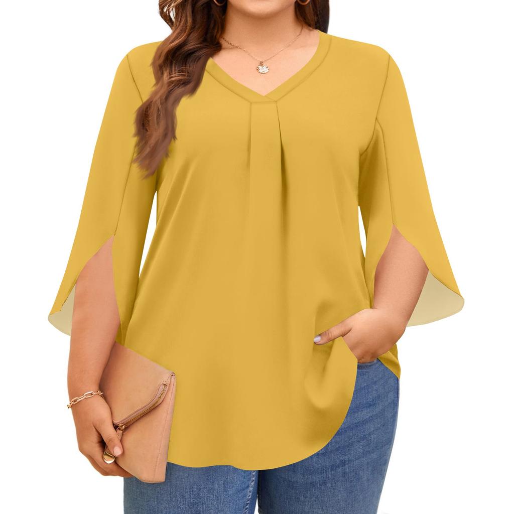 Women's Solid Color V-neck Plus Size Tops 3/4 Sleeves Elegant Shirt Tops