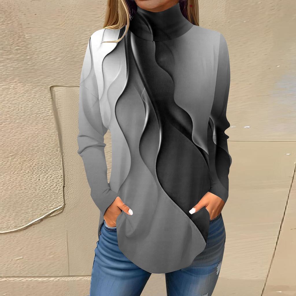 Женская модная повседневная футболка с длинным рукавом с высоким воротом и принтом, пуловер, топ