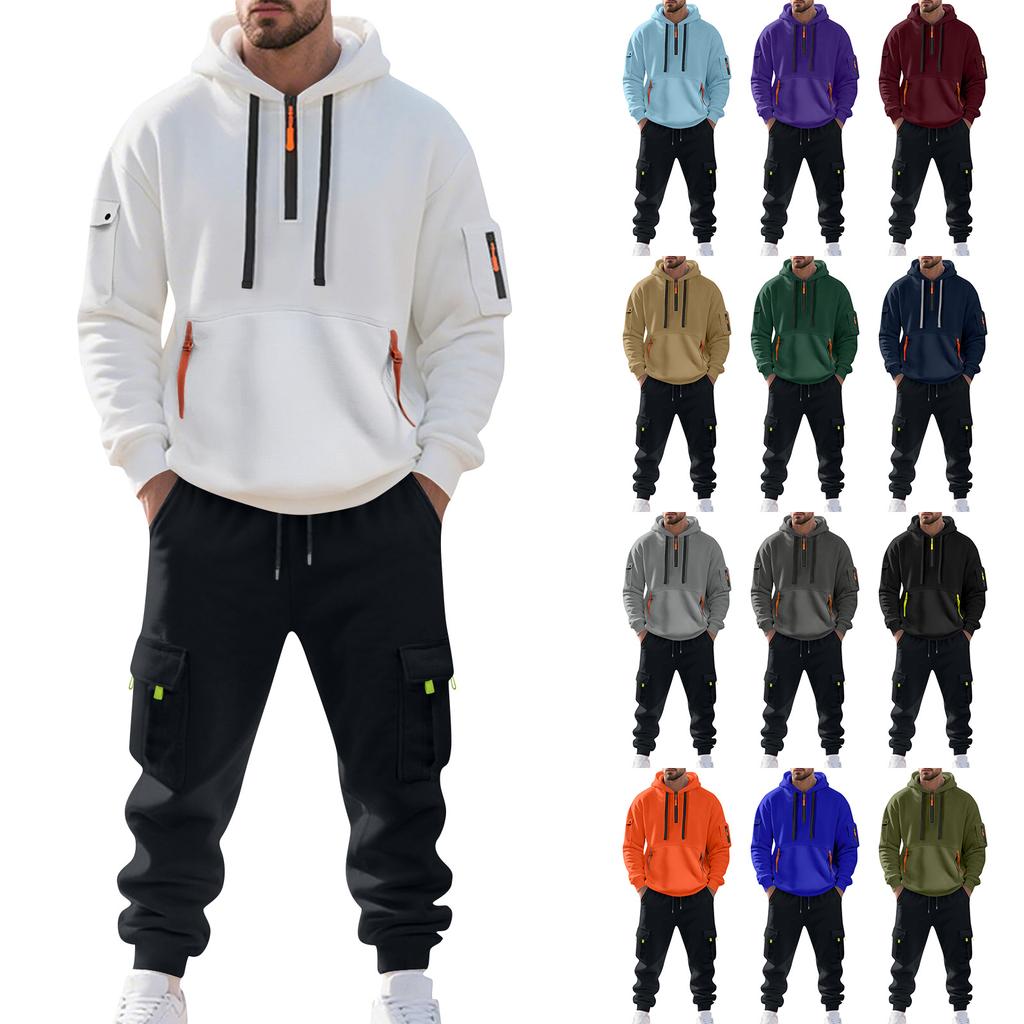 Men's Solid Color Casual Suit Loose Sports Hooded Sweatshirt With Pockets Multi Pocket Overalls Suit