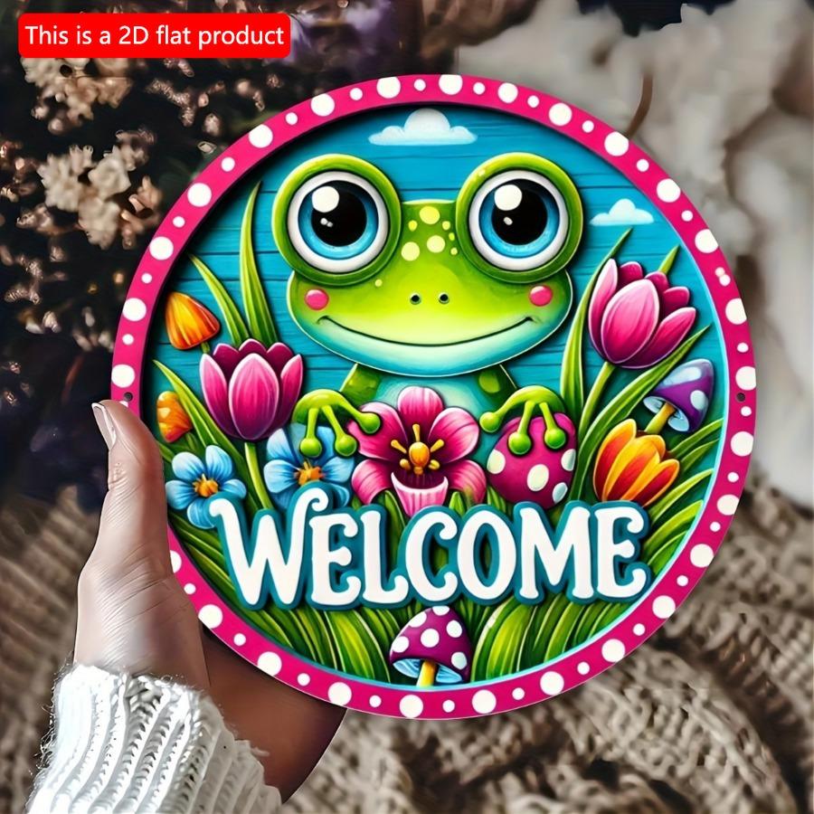 1 шт. 2d плоский деревянный знак - 20 см круглый приветственный знак с милой лягушкой и цветочной гирляндой для декора входной двери, металлический венок знак для домашнего сада