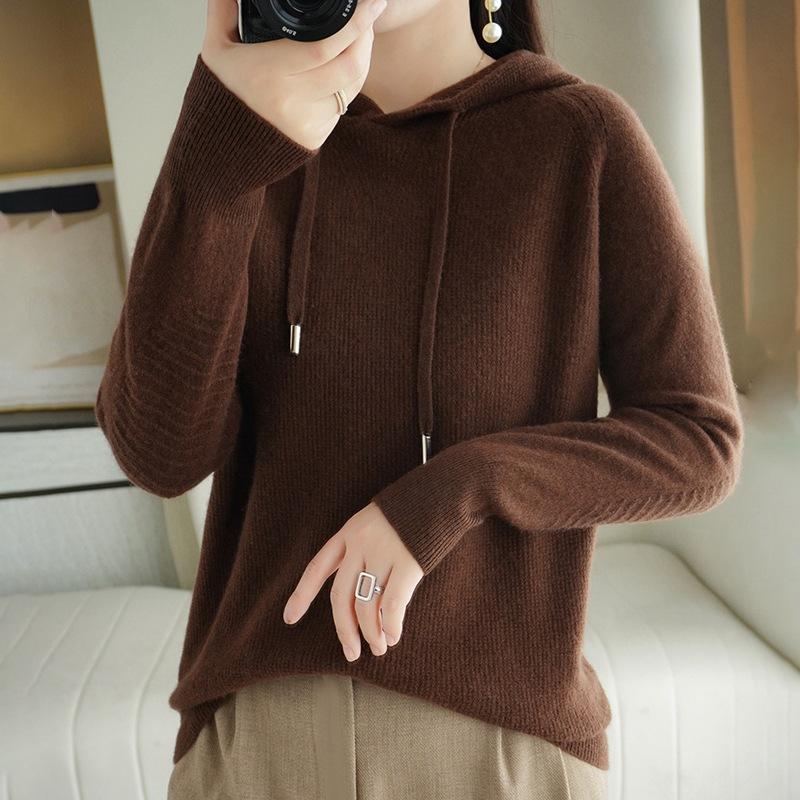 Spring and Autumn New Trendy Slim Short Solid Color Sweater Women's Loose Casual Hooded Jacket Pullover Knitted Sweater