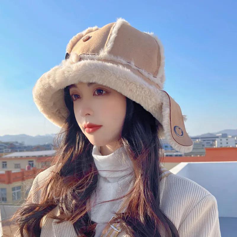 WTEMPO Solid Color Women's Winter Hairy Fisherman Hats Plush Bucket Hats Autumn Winter Plus Cashmere Warm Skiing Hats