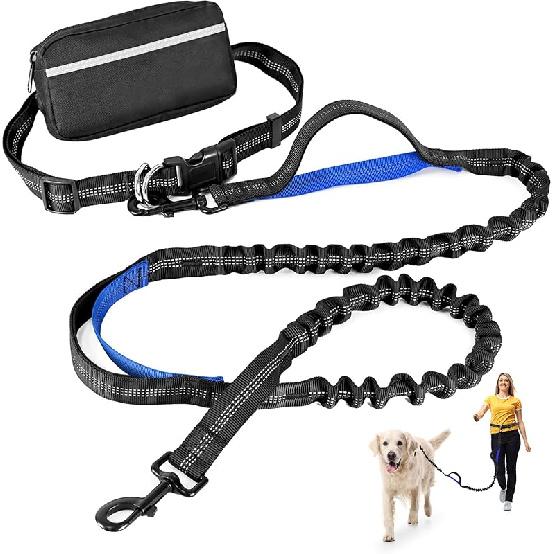 Hands Free Dog Leash with Zipper Pouch, Retractable Bungee Waist Leash with Dual Padded Handles & Waist Belt Fanny Pack for Medium & Large Dog